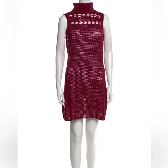 The Elder Statesman Open Knit Sheer Cashmere Turtleneck Mini Dress Burgundy NWT